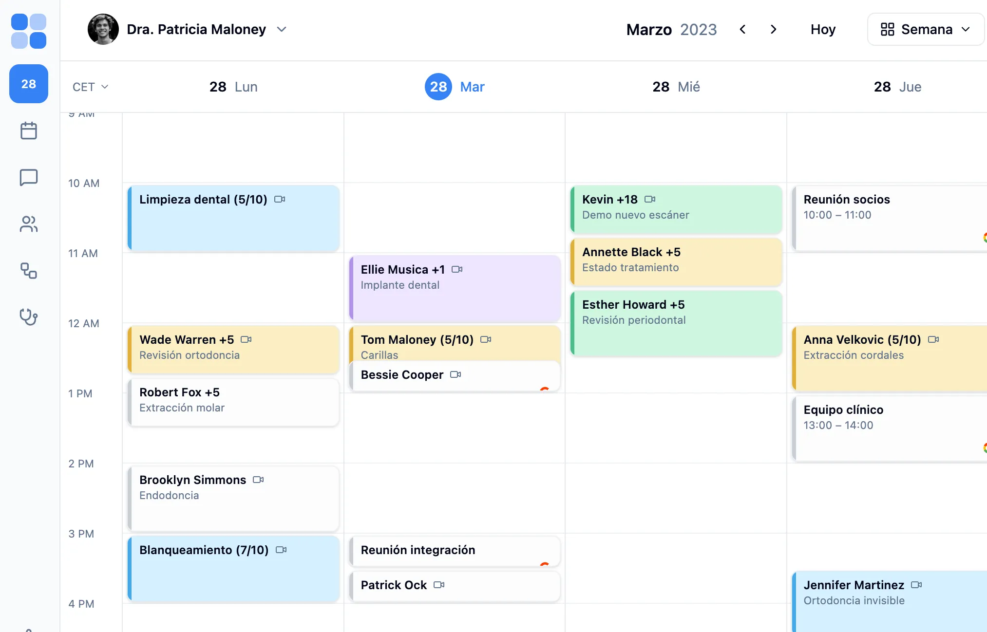 Vista semanal de la agenda de Dentora con turnos por prestación