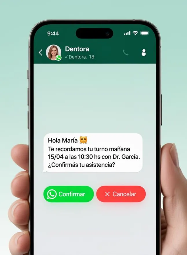 Captura del mensaje de WhatsApp que envía Dentora al paciente